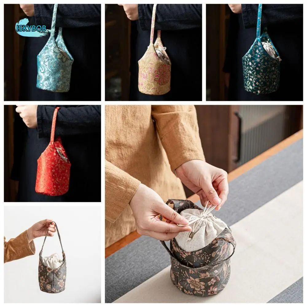 

Chinese Style Embroidered Handbag Handbag Cotton Tea Tools Storage Bag Solid Color Flower Print Drawstring Bundle Pocket Purse