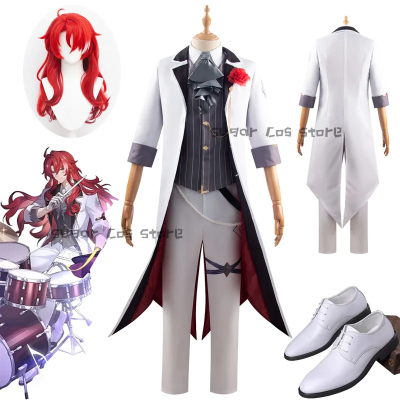 Game Honkai Star Rail Argenti Cosplay Costume Concert 2024 Drummer Uniform Tuxedo White Suit Wig Halloween Party For Women Men