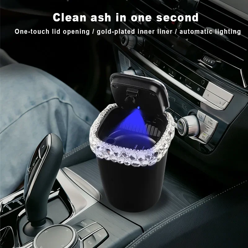 Bling Diamond Car Ashtray LED Portable Car Ashtray Holder Cup Container Ash Tray Automatic Mini Covered Car Ashtray Accessoire