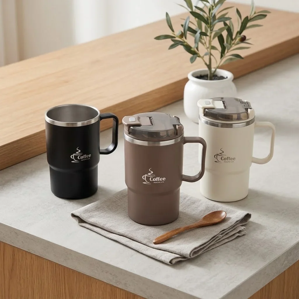 304 Stainless Steel Thermal Coffee Mug with Handle Spoon Tea Strainer Leakproof Insulated Tumbler Travel Cup for Office Travel