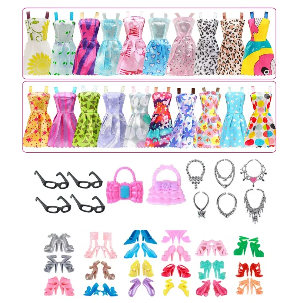 

2 pcs Random Doll Clothes and Accessories, 10pcs Fashion Dresses 22pcs Shoes, Glasses, Necklaces, Handbag for 11.5inch doll