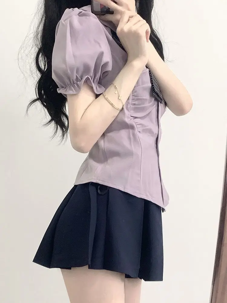 Camisas de manga curta das mulheres popeline retalhos pintuck magro ajuste camisa escola minimalista preppy namorado estudante urbano jovem