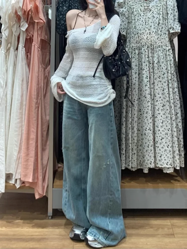 

Белый тонкий ажурный солнцезащитный чехол для женщин ранней осени, новый расклешенный вязаный топ Pure Desire све с плечами и колючками