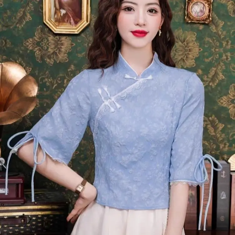 Camisa vintage de chinoiserie para mujer, camisa azul con botones, cuello levantado, Media manga, versátil, a la moda, top cheongsam, novedad de