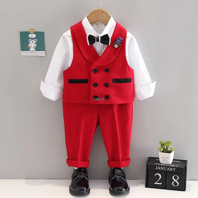 

Kids Vest Pants Badge Bowtie Photograph Dress Flower Boys Champagne Wedding Suit Prince Children Birthday Performance Costume