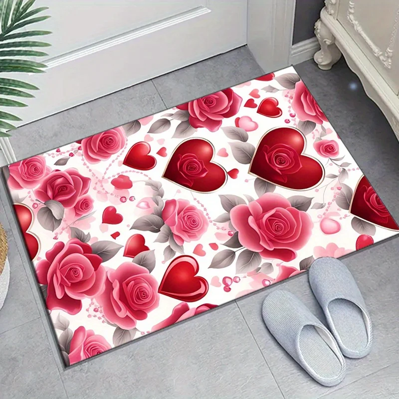 

1pc Romantic floral and heart pattern carpet, crystal velvet fabric, suitable for bedroom living room decoration