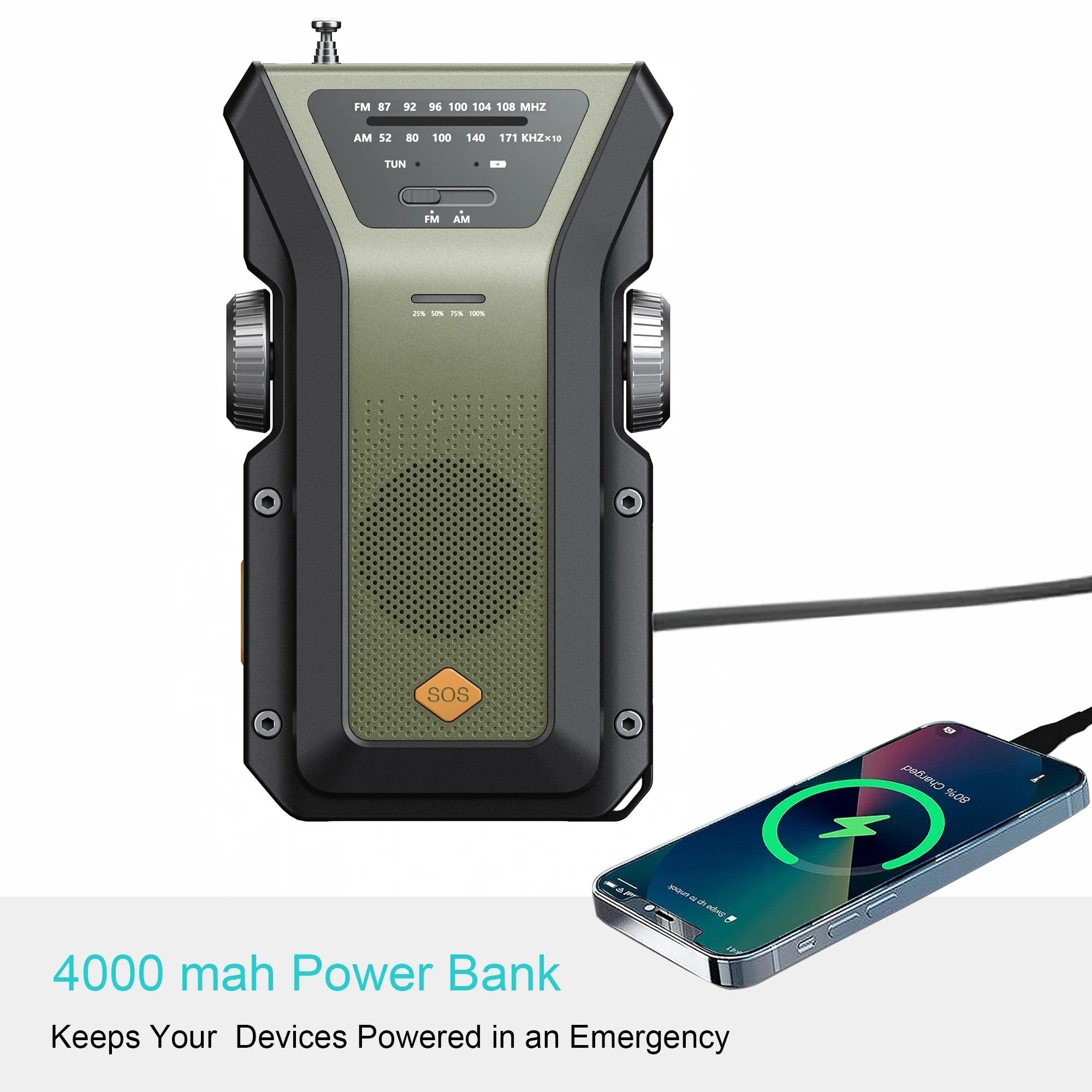 Emergency Portable Hand Crank NOAA Weather Radio,Solar Powered,AM/FM,SOS Alarm,3 LED Flashlight 4000mAh Rechargeable Power Bank