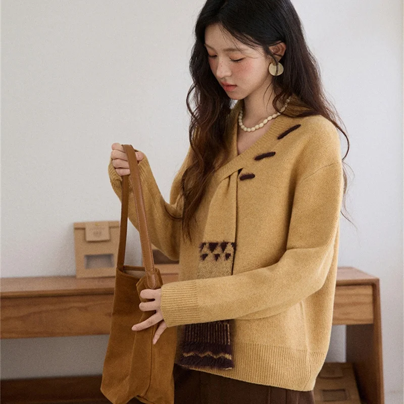 Hochwertiger Damen-Strickpullover, fusselfrei, Herbst-Winter-Mode, locker geschnitten, V-Ausschnitt, lange Ärmel, normale Länge, Guangzhou Th...