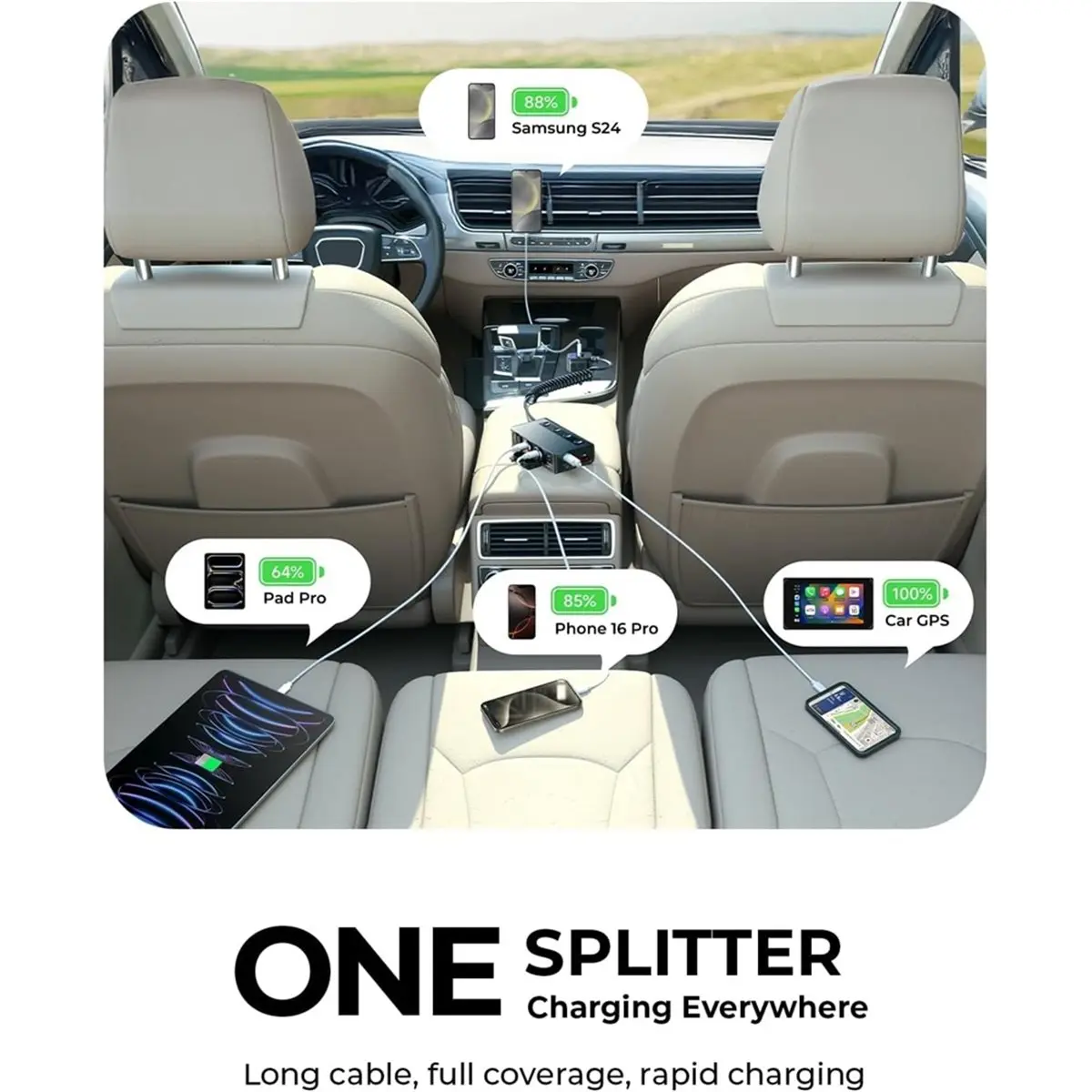 A67F 191W Car Charger Splitter with 2 PD/QC3.0 and ‌Isolated Switches DC Outlet Car Charger for Truck SUV RV