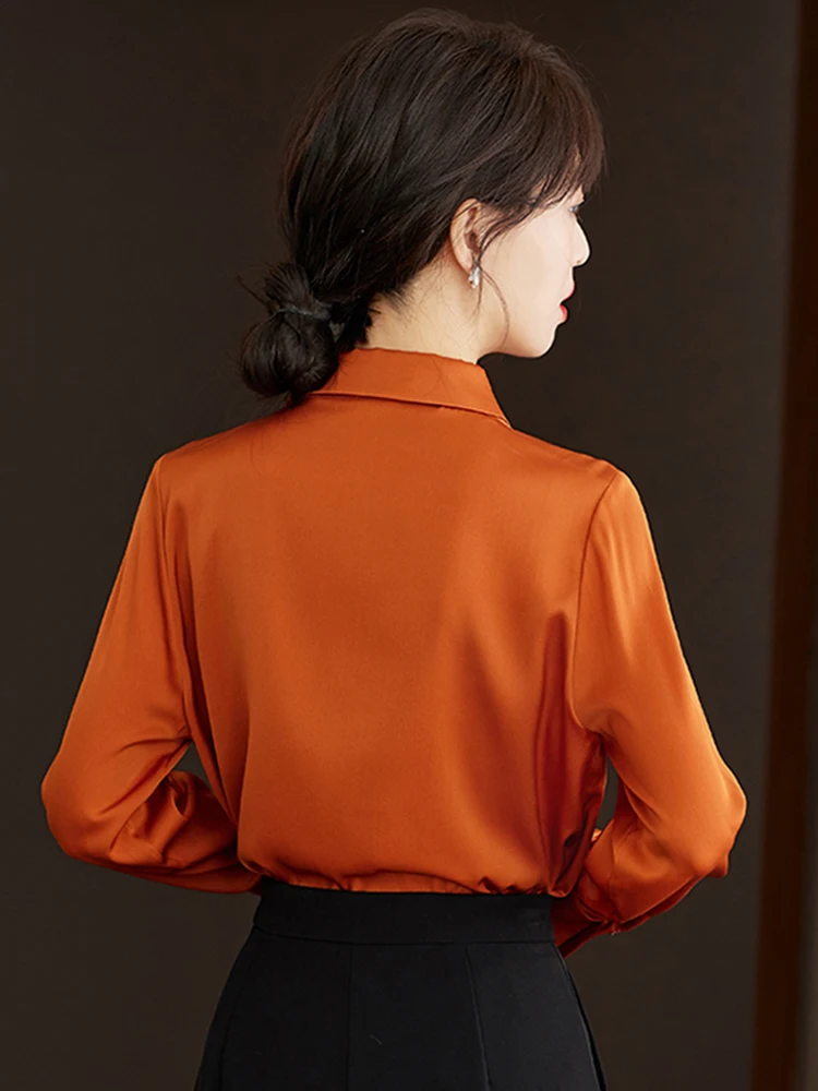 Chic Design Pointed Neck Turn Down Collar Bubble Long Sleeve Top Casual Shirt Women Clothing Solid Color Elegant Female Blouses