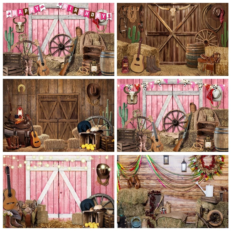 Happy Birthday Photography Backdrop Wooden Door Guitar Gun Haystack Wooden Roller Family Party Decor Portrait Photo Background