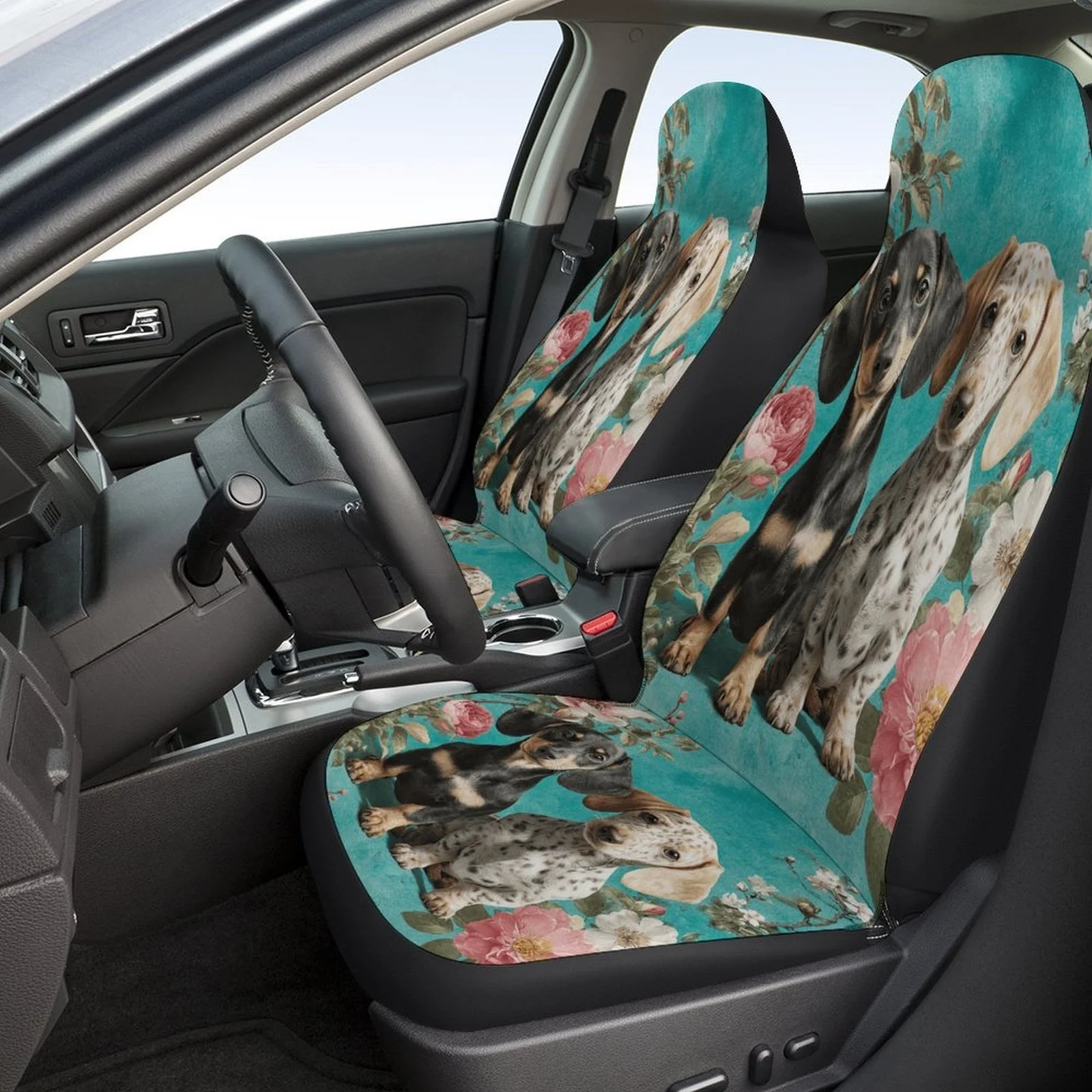 Puppy Flowers Portrait Designed Car Seat Cover Set For Most Cars, High-quality Comfortable Car Seat Protector Covers Full Set,