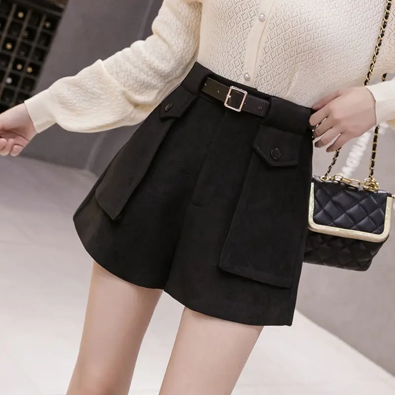 

Womens Wide Leg Shorts Belt A-line 2023 New Autumn Winter Casual Korean Style Loose High Waist Thick Warm Woolen Shorts Y45