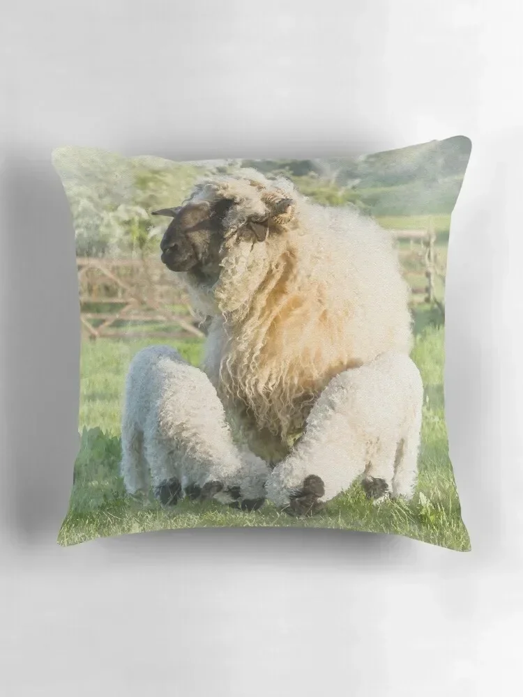 صورة مائية من Valais Blacknose Sheep and Her Twin Lambs Throw Pillow وسائد زخرفية