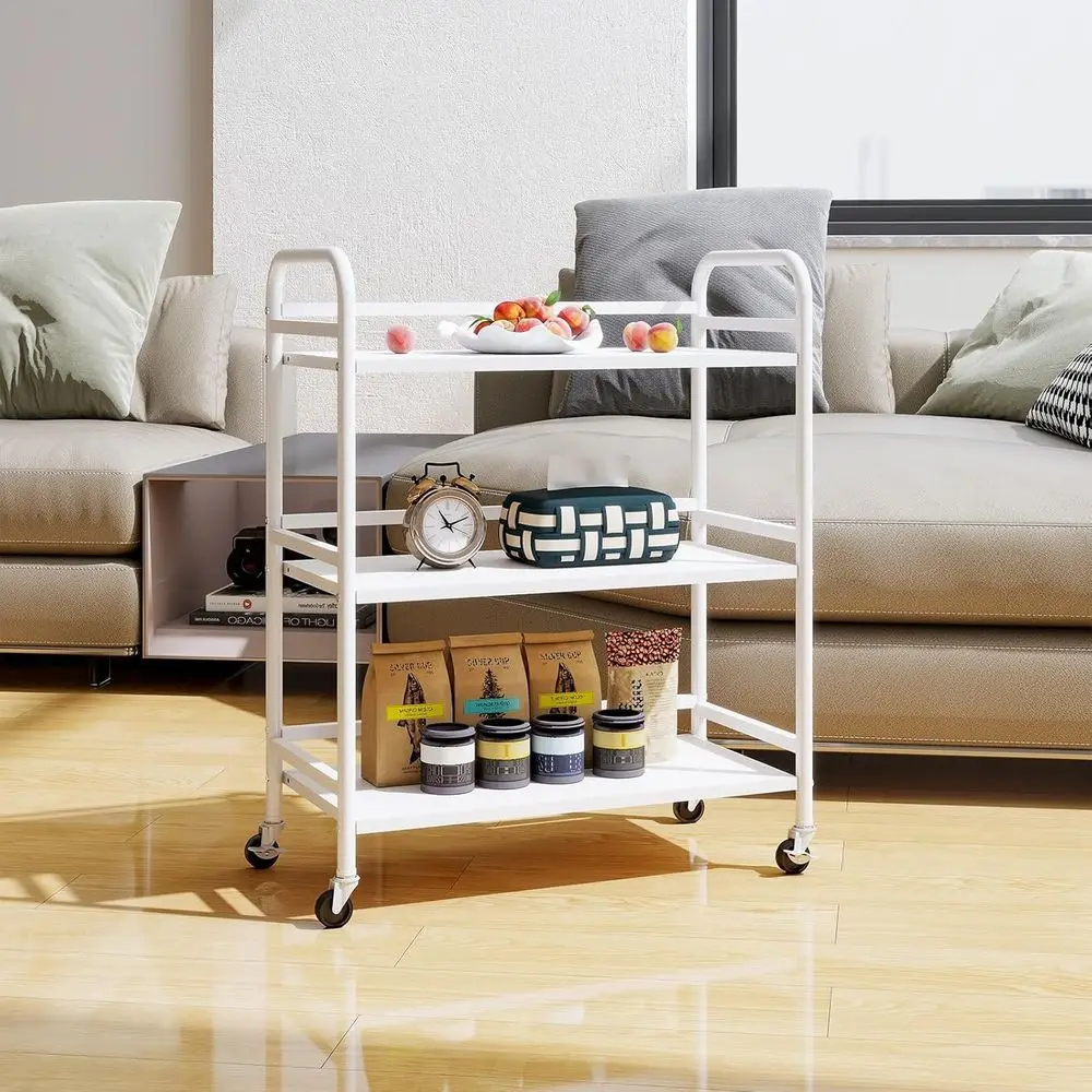 Carro rodante de metal de 3 niveles de gran capacidad con ruedas bloqueables para el hogar, la oficina, la cocina y más - Blanco