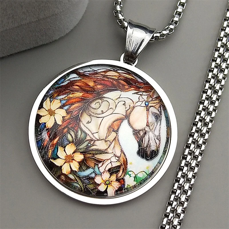 الفنية جدارية الحصان زهرة سلسلة للنساء الرجال الفولاذ المقاوم للصدأ الزجاج المهر الحيوان الشرير الذكور الفن قلادة قلادة مجوهرات هدايا #3