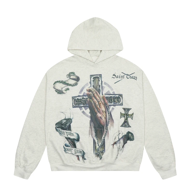 Saint Hooded Sweatshirts High Street Cross Print Vintage Hoodies for Men Women Hoodies