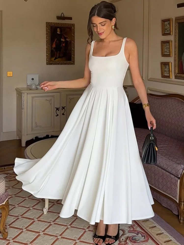 

Mozision Spaghetti Strap Backless Sexy Maxi Dress For Women Fashion High Waist A-line Pleated Club Party Long Dresses Female