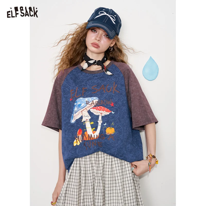 ELFSACK 2025 Summer New Arrival Loose Casual Niche Top Insert Shoulder Collision Colour Printing Short Sleeve Graphic T-shirt