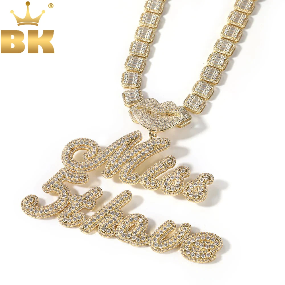 

TBTK Lips Clasp Custom Brush Script Letter Two Tone Pendant Micro Paved CZ Baguette Chain Necklace Personalized Hiphop Jewelry