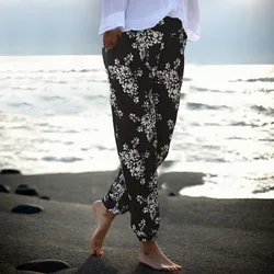 Bohemian Floral Printed Black Trousers Summer Casual Loose High Waist Sweatpants Women Plus Size Beach Pockets Pants Pantalones