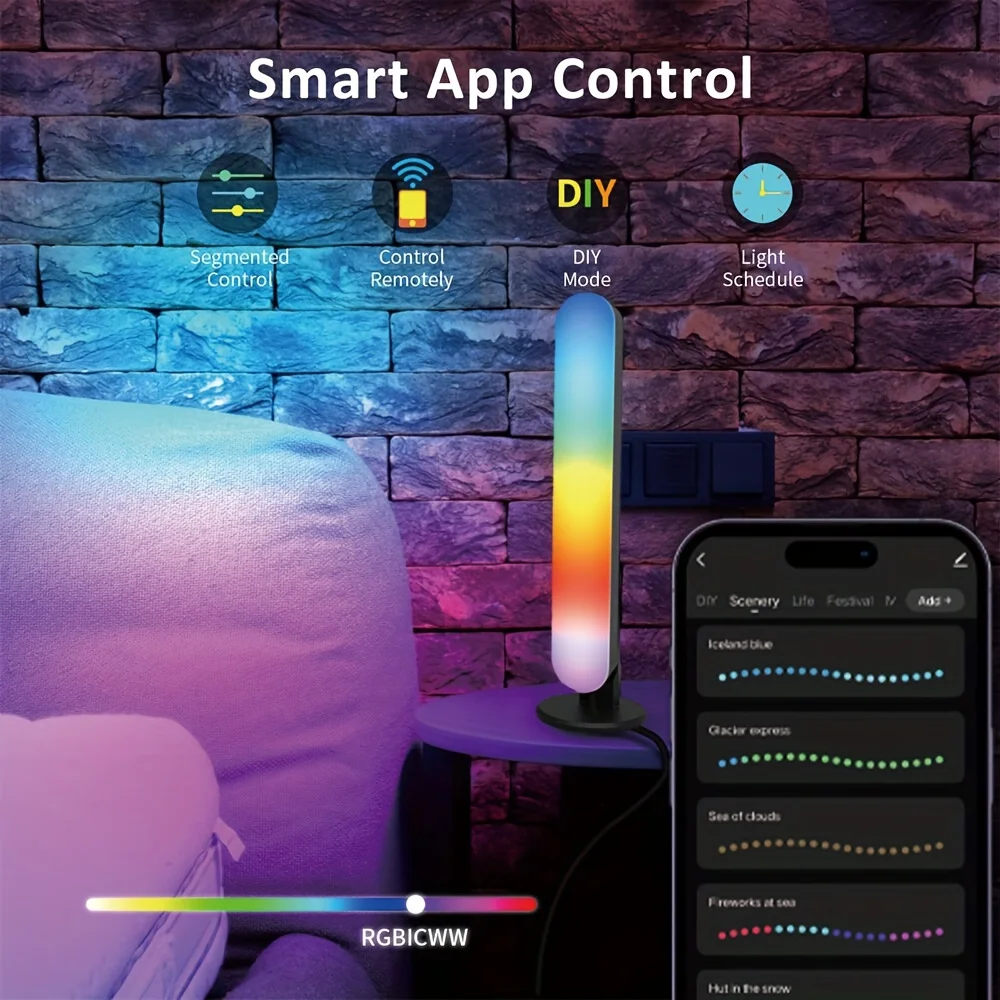 

Светодиодная настольная лампа Music-Sync Smart RGB и ночник — управление через приложение, 18-клавишный пульт дистанционного управления для игр, подсветка телевизора