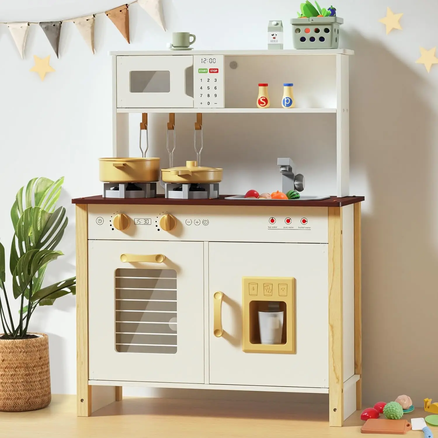 Ensemble de jeu de cuisine en bois pour enfants, lumières réelles, sons, cuisinière, évier, four, enfants à partir de 3 ans, accessoires, 30 pièces