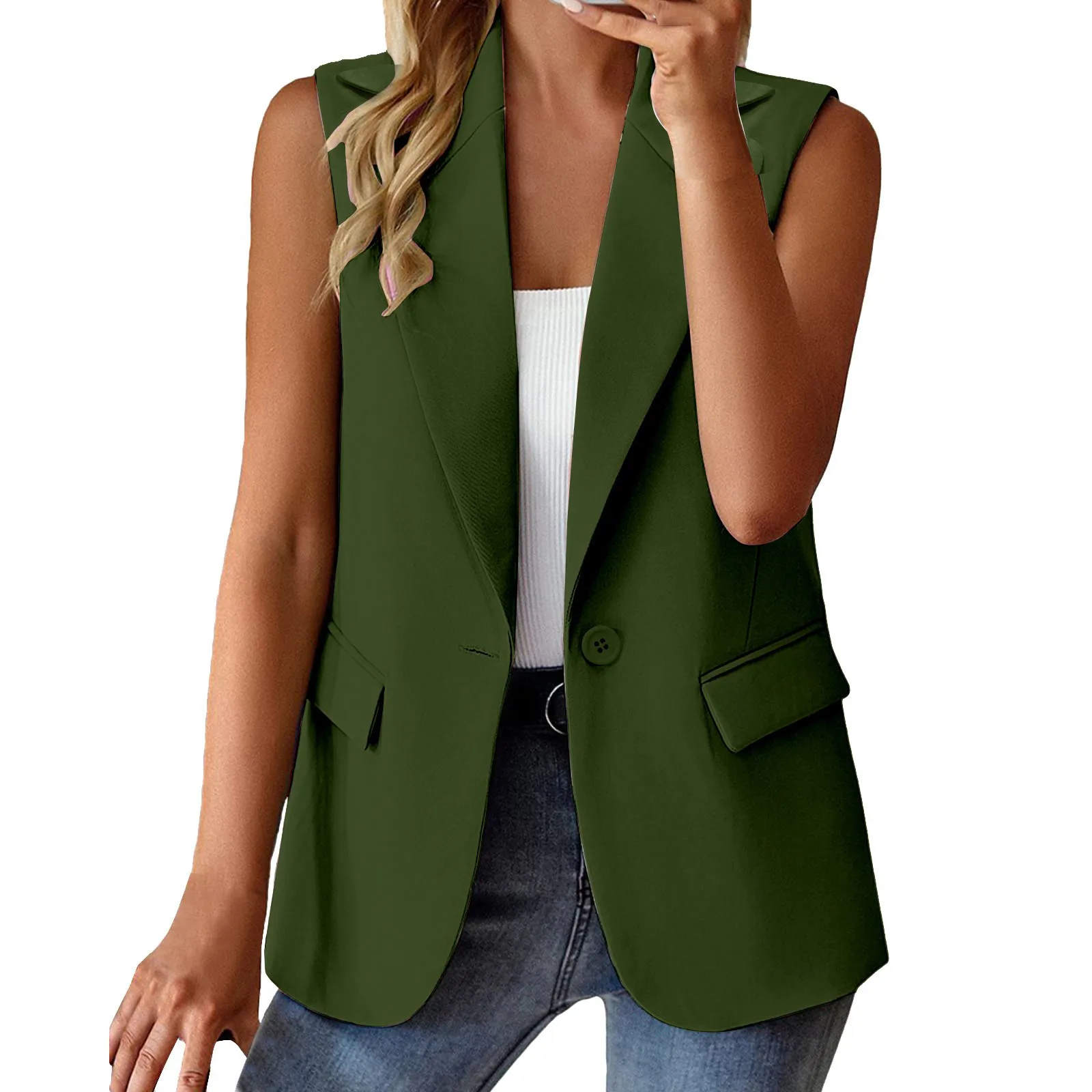 Dames Nieuwe Mouwloze Effen Kleur Vest Jas Revers Losse Mode Jas Lente En Herfst Eenvoudig Comfortabel Dun Pak Jas