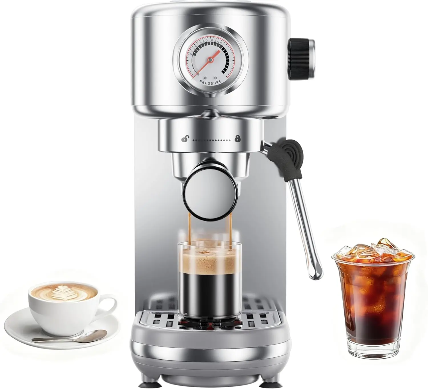 20 Bar Compact Espresso Coffee Machine with Milk Frother, Stainless Steel Maker, 44oz Tank & Fast Heat for Cappuccino, Latte