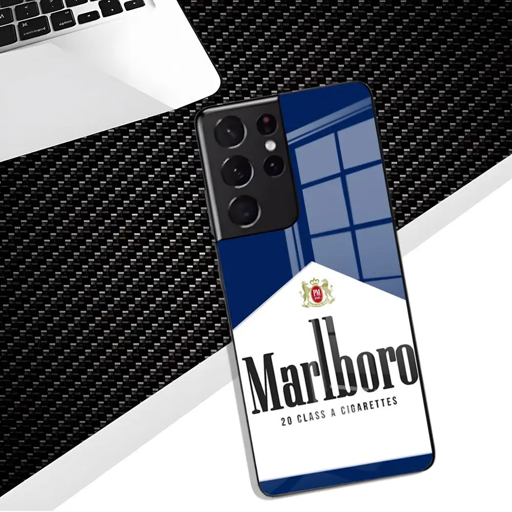 LUXURY S-marlboro Black Phone Case For Samsung S26 S25 Edge S24 S23 S22 S21  S20 Ultra Plus FE Glass Cover