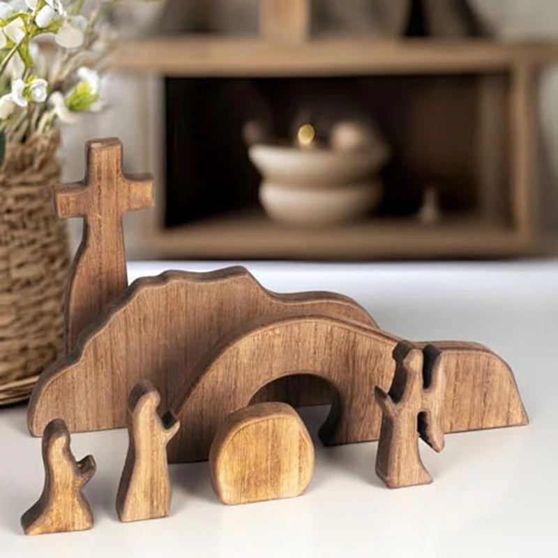 Wooden Empty Tomb Scene Spring Easter Decorations Jesus Nativity Resurrection Figurines Set With Wooden Cross For Home