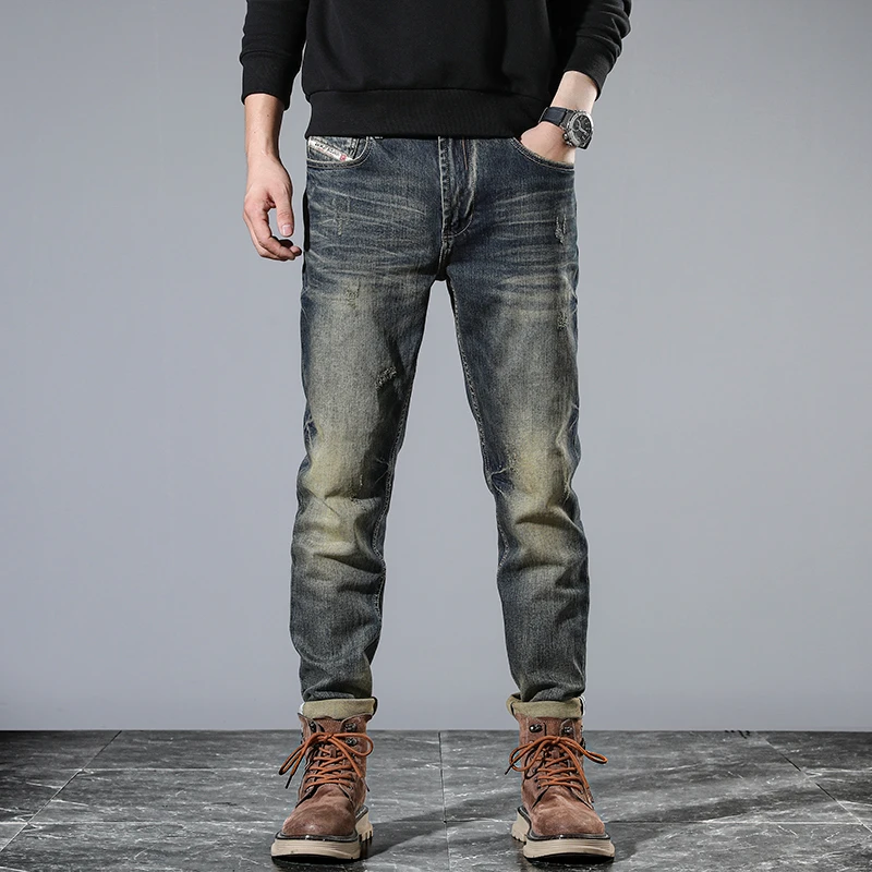 

High quality retro nostalgic jeans for men with straight versatile stretch distressed long pants for men denim skinny jeans men