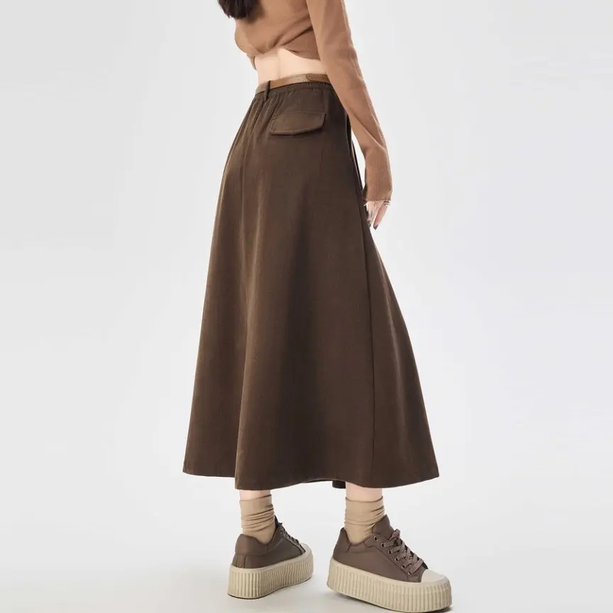 Qiukichonson Mid Long Skirts Womens Corduroy Skirt 2025 Autumn Winter Vintage High Waist Ruffle Pleated Maxi Skirts With Belt