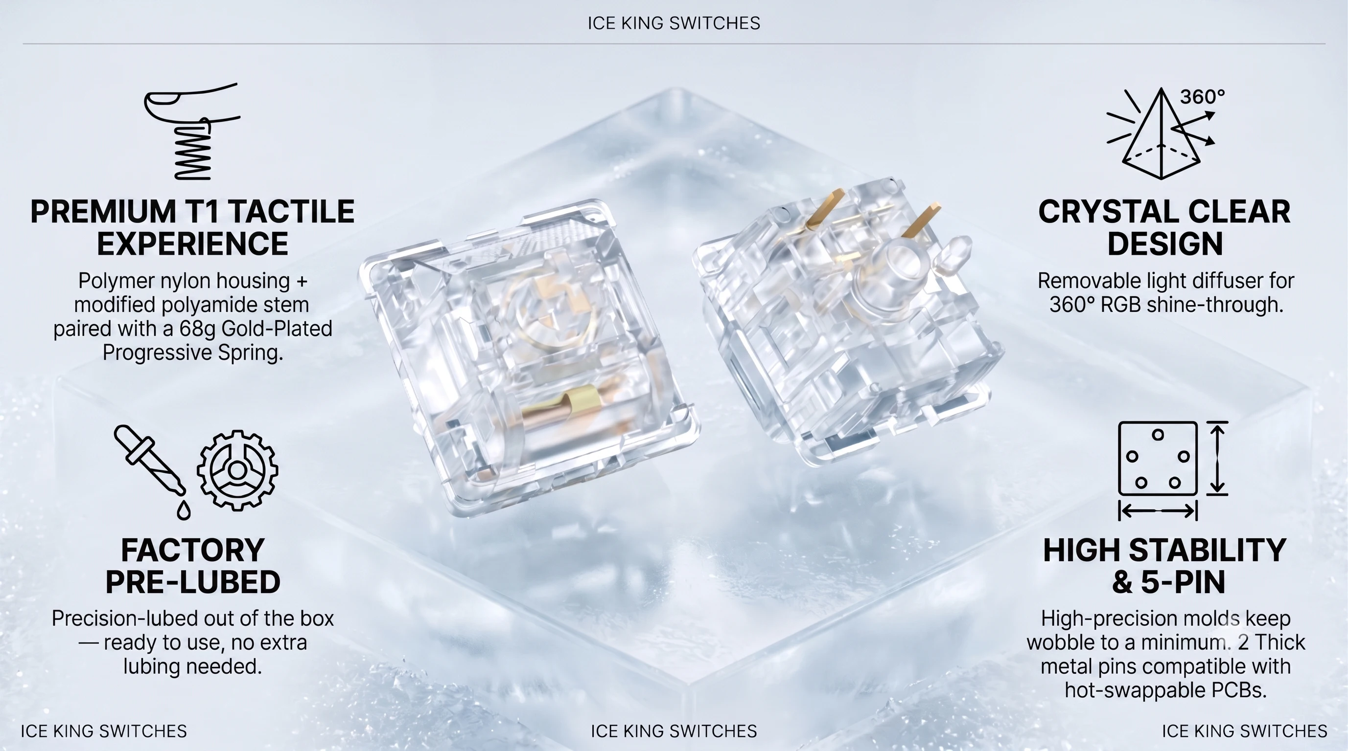 DUROCK Ice King Tactile Switches 68g Progressive Spring 5-Pin Transparent RGB Lubed T1 Mechanischer Schalter für MX-Style-Tastaturen – Detail 2