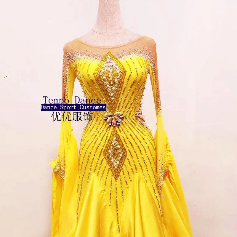 Standard Dance Dress Ballroom Dance Dress Women Ballroom Competition Costume Lycra Waltz Stage Costume Orange Long Sleeves