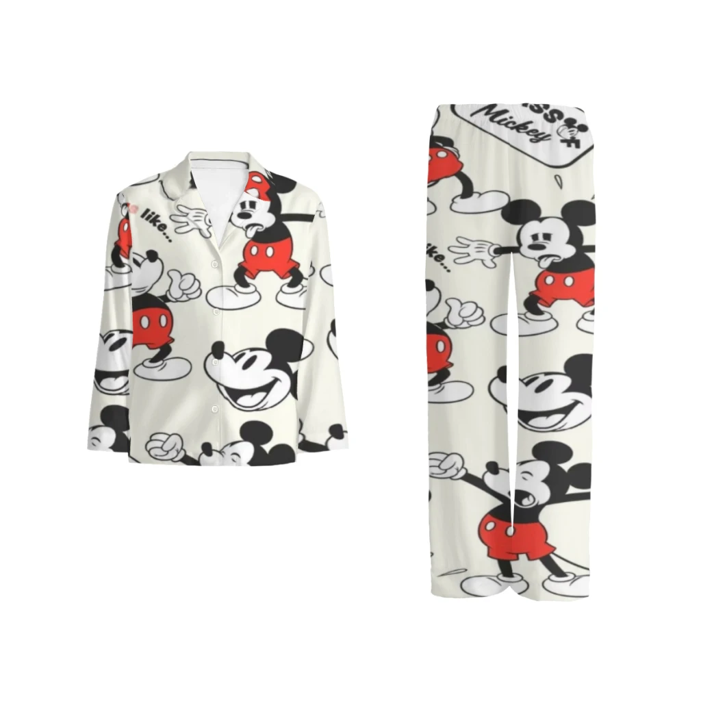 

Disney Mickey Mouse Printed pajama set, casual and comfortable buttoned long sleeve top and elastic waistband pants