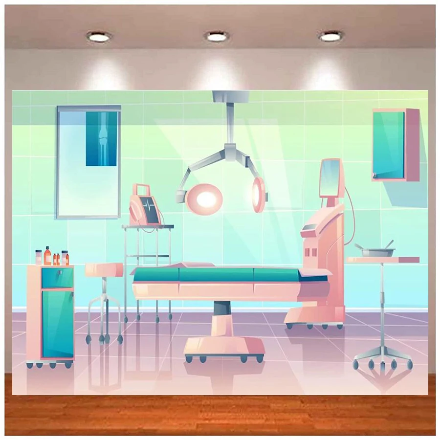 

Cartoon Hospital Operating Room Photography Backdrop Doctor Surgery Anesthesia Bed Medical Equipment Background Doctor Nurse