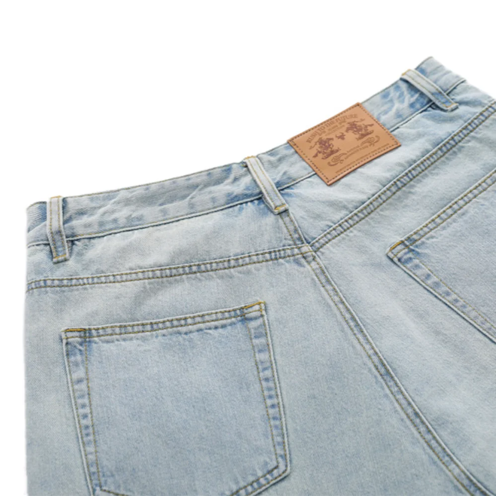 MWJLPWQ Unique Color-Blocked Faux Two-Piece Denim Shorts For Men Summer Punk Style Distressed Frayed Edges Wide-Leg Pants 17183