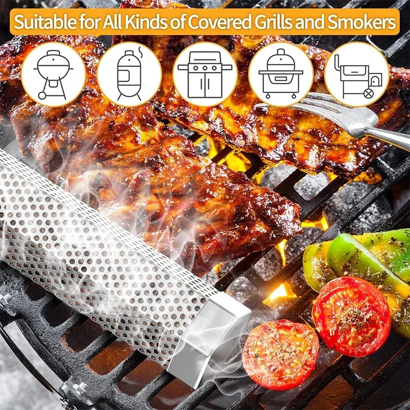 

Pellet Smoker Tube 12inch Stainless Steel BBQ Wood Pellet Tube Smoke for Cold/Hot Smoking Works with Electric Gas