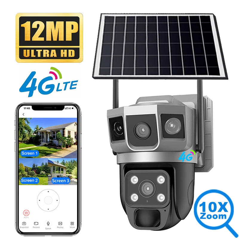 12MP Dual Lens Solar IP Camera Three Screen 4G 6K Camera 10X Zoom CCTV Outdoor PIR Night Vision Waterproof Home Surveillance Cam