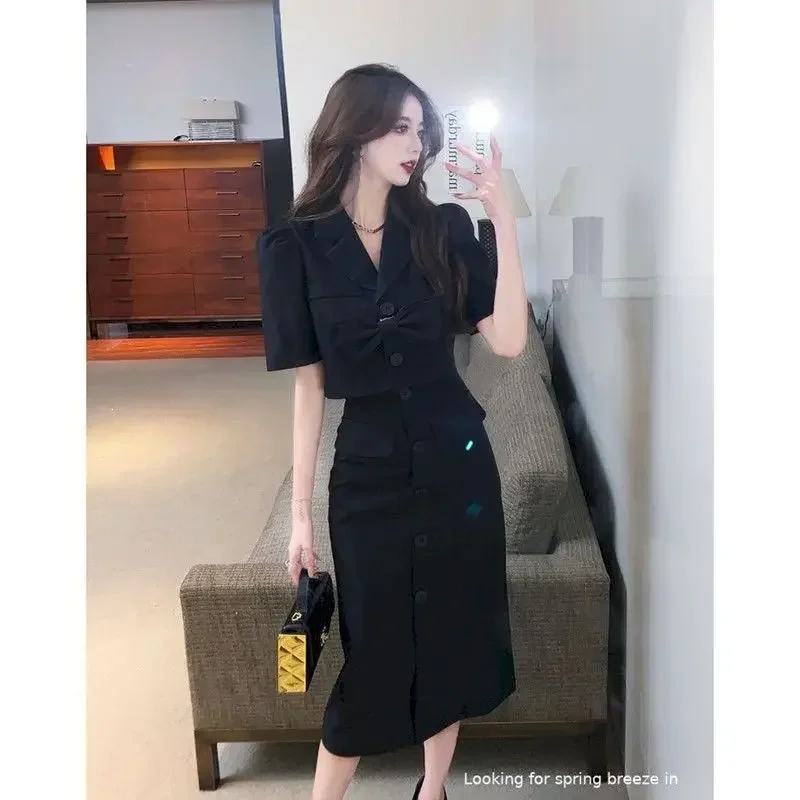 Lnsozkdg Women\'s 2 Two Piece Bow Tie Cropped Jacket Coat Skirt Suit Womens Summer Blazer Set Outfits Knee Length Suite