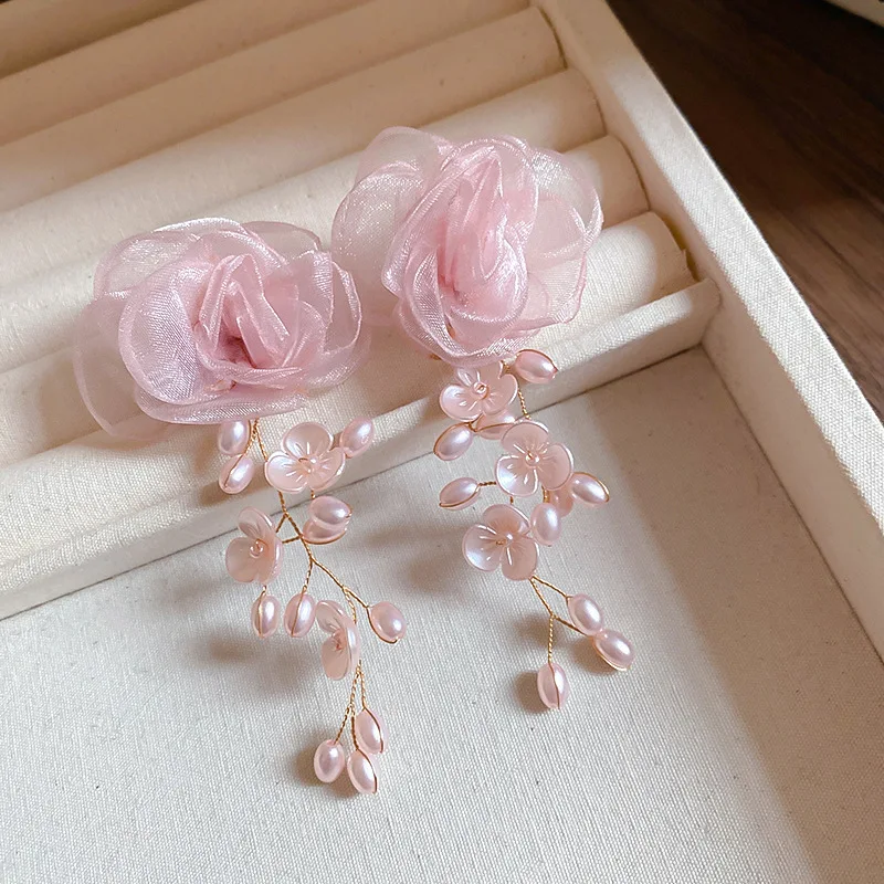 Pink Yarn Mesh Flowers Tassel Dangle Earrings for Women Sweet Girly Imitation Pearl Pendientes Fairy Party Ear Decoration K
