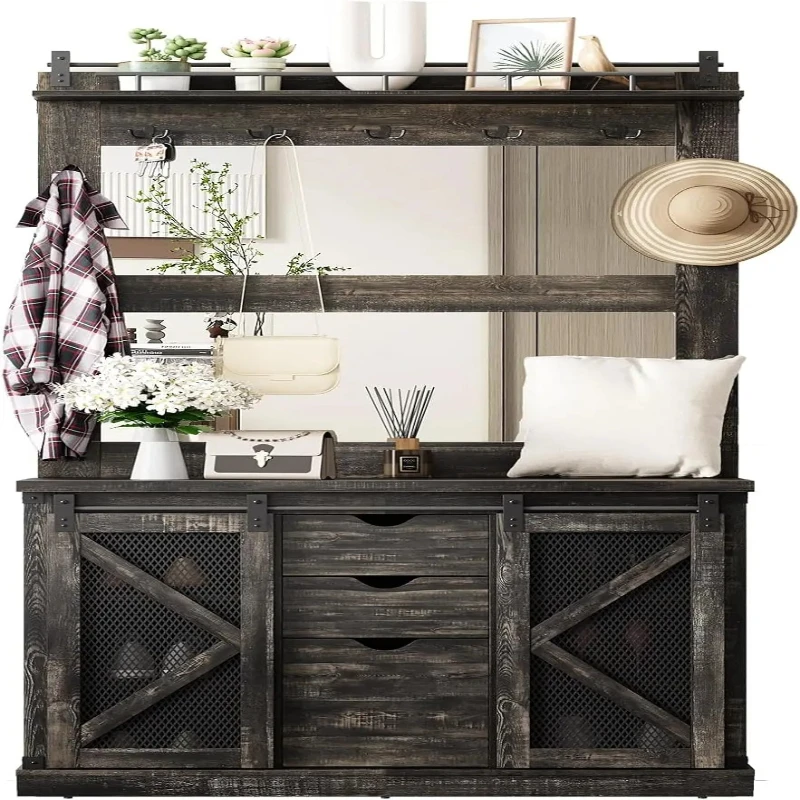 Hall Tree with 2 Mirrors, 3 Drawers & Shoe Storage Bench, Multifunctional Entryway Furniture with 7 Hooks and Ventilated Cubbies