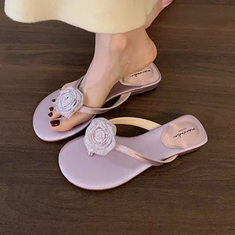 Flower Women Flats Slippers Fashion Flip Flops Summer Clip Toe Shoes Designer 2025 New Sandals Casual Slingback Woman Slides