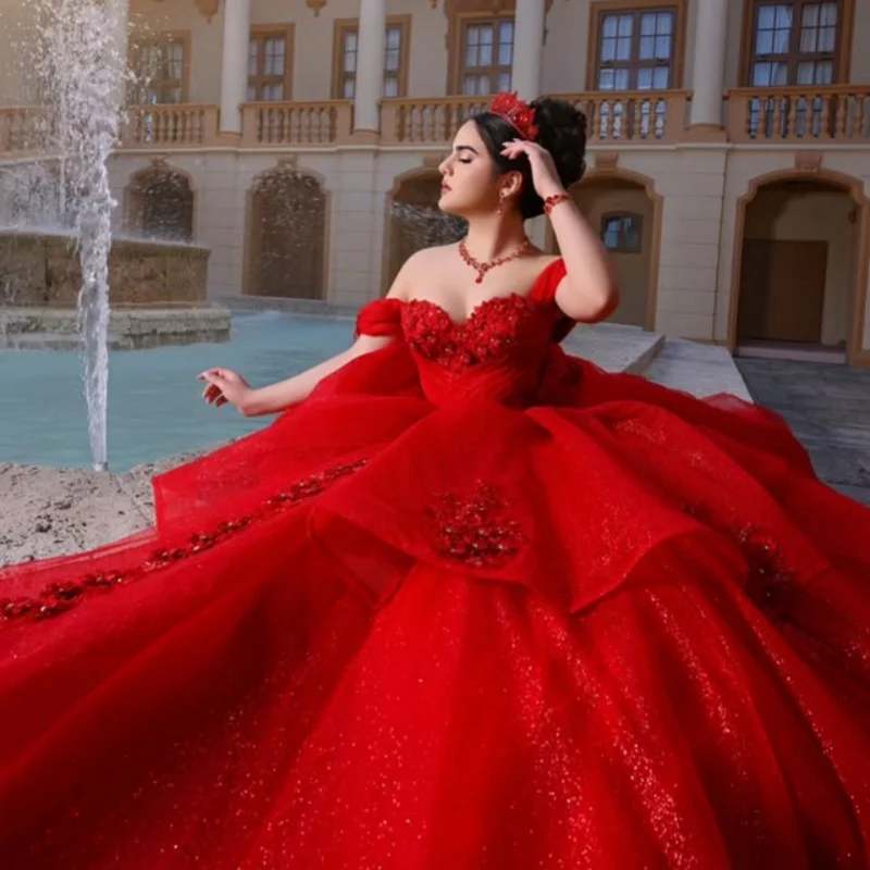 

Customized Shiny Red Quinceanera Dresses Off the Shoulder applique Long tail 3D flower Tull layering Vestido 15 Quinceanera