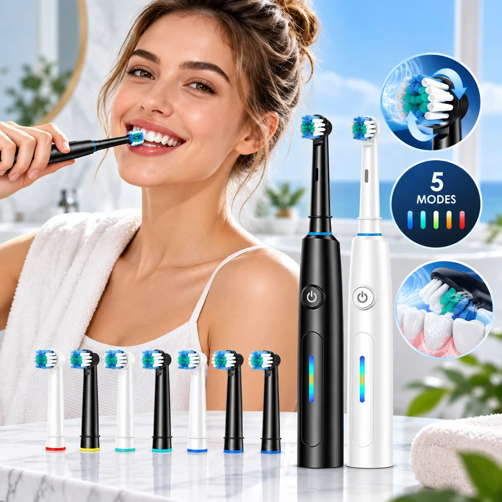 Electric Toothbrush Rotating 5 Mode Rechargeable Sonic Toothbrush IP67 Waterproof 7500RPM 4 Brush Heads Type-C