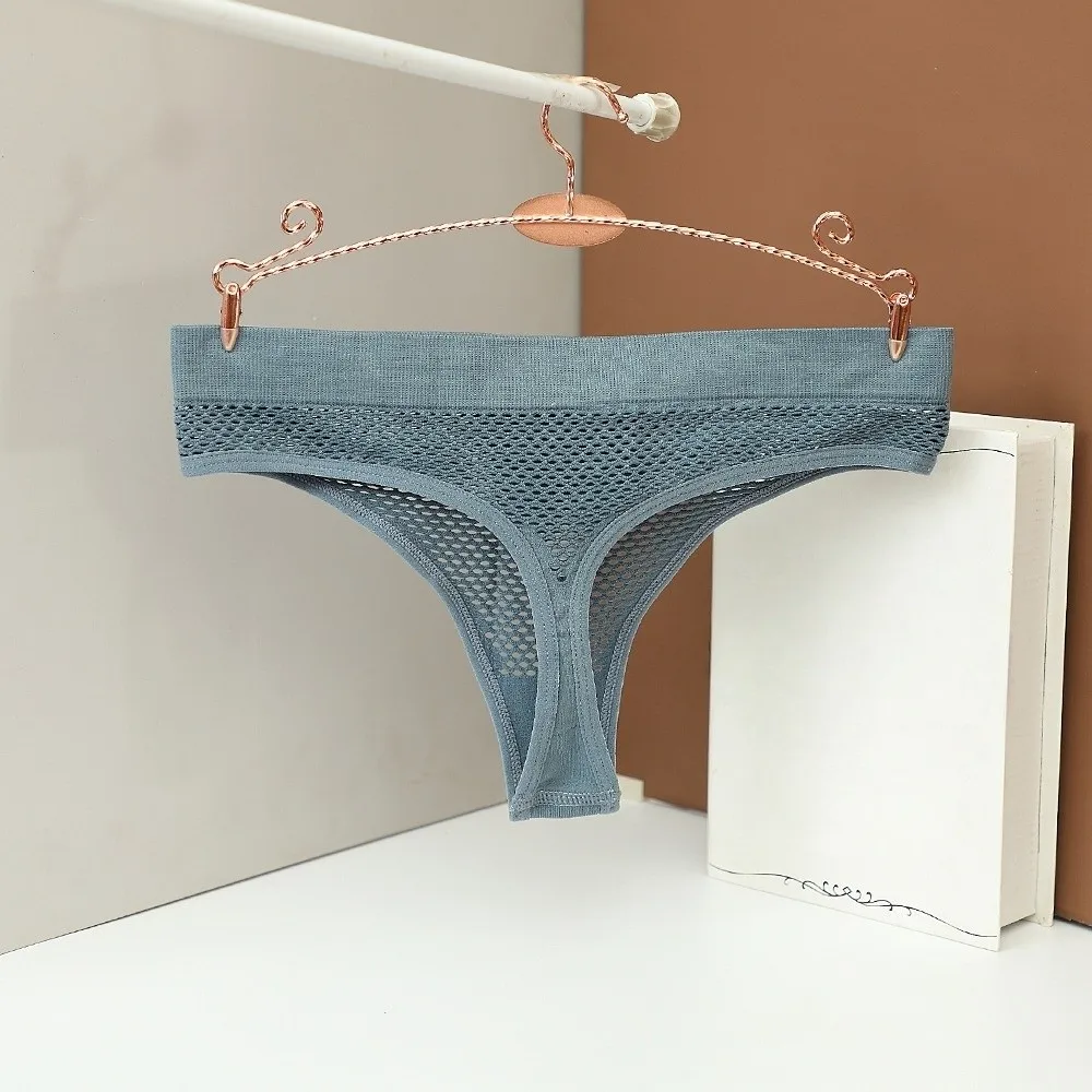 Fashion Low Waist Mesh Thongs Solid Color Traceless Sheer Briefs Underpants Breathable T-back Panties Intimate Apparel