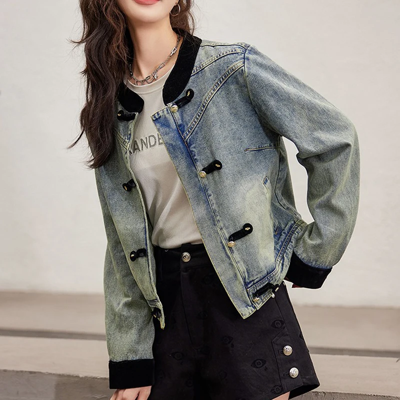 New Spring Autumn Women Trendy Vintage Harajuku Y2K Denim Jacket Korean Casual Streetwear Outewear Stand Collar Long Sleeve Coat