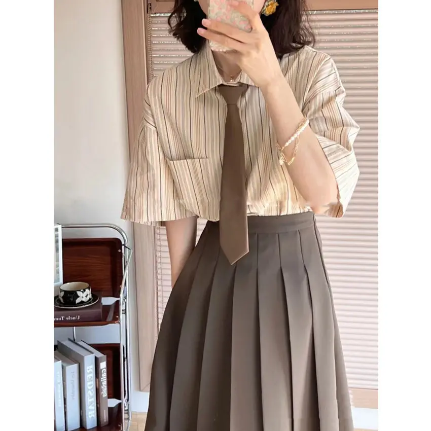  Summer New American Retro Striped Korean Style Shirt High Waist A-Line Umbrella Skirt Midi Pleated Skirt Set Women