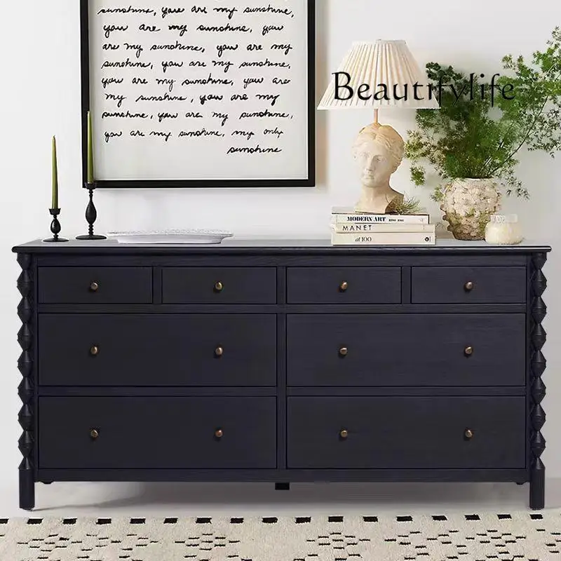 American retro solid wood chest of drawers cabinet entrance eight-bucket cabinet French black dining side storage cabinet